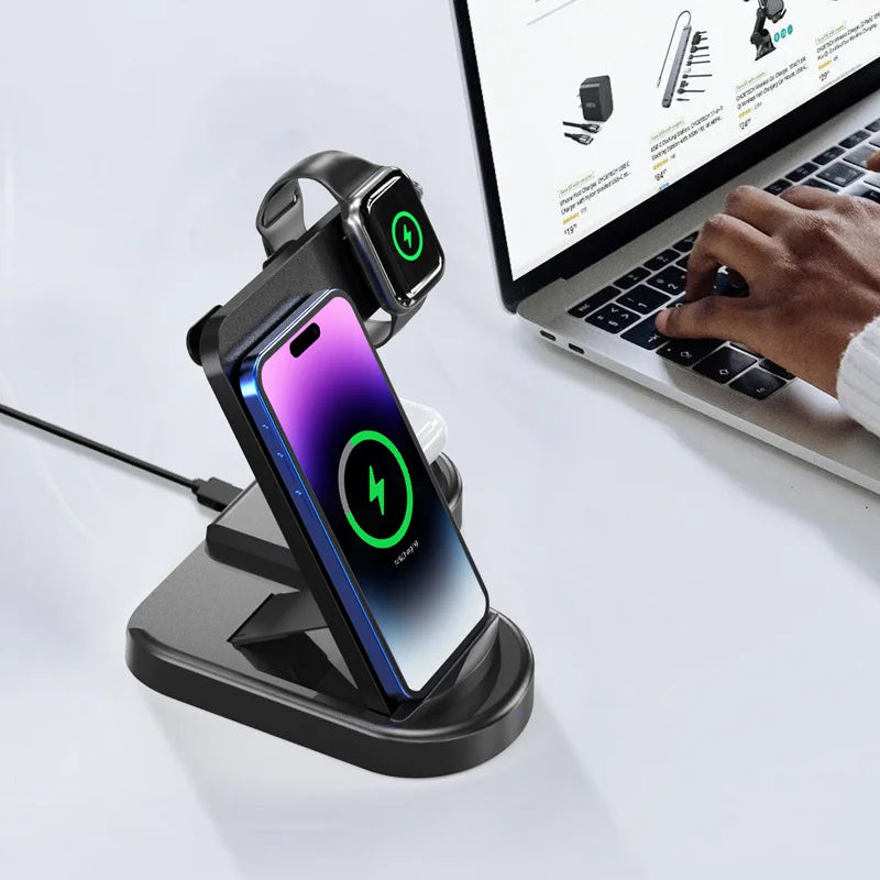 折りたたみ式三合一ワイヤレス急速充電器 スマホ腕時計イヤホン対応